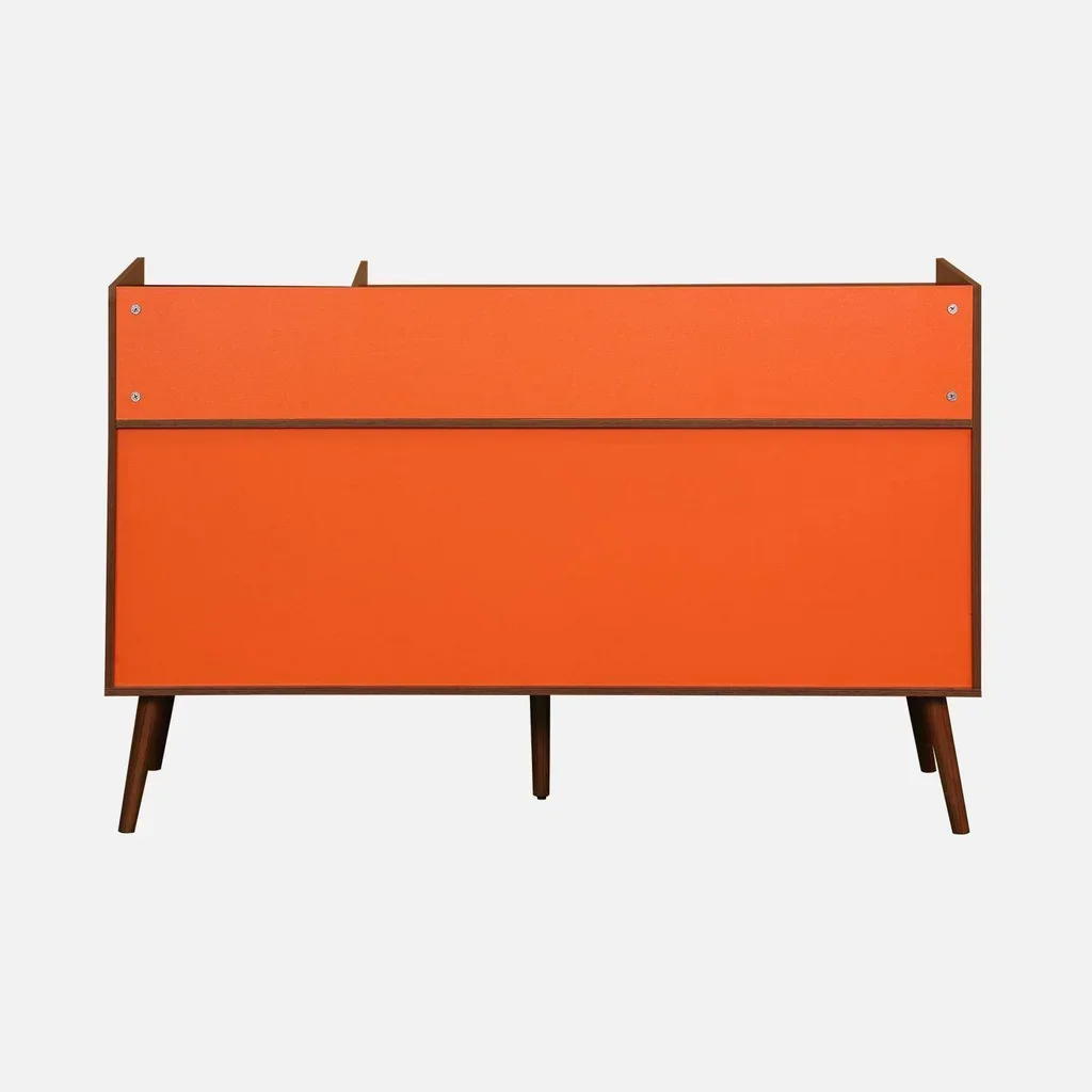 Meuble rangement vinyle vintage bois orange 130cm 8 casiers style rétro scandinave