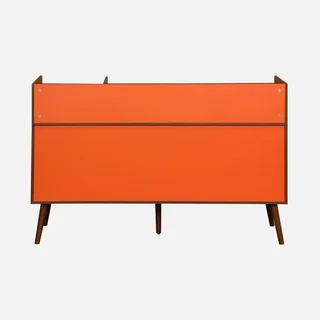 Meuble rangement vinyle vintage bois orange 130cm 8 casiers style rétro scandinave