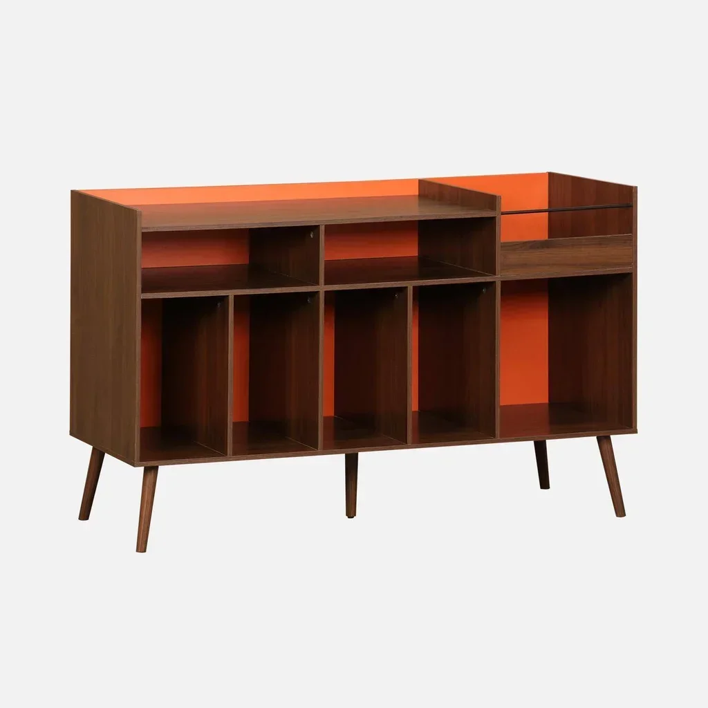 Meuble rangement vinyle vintage bois orange 130cm 8 casiers style rétro scandinave