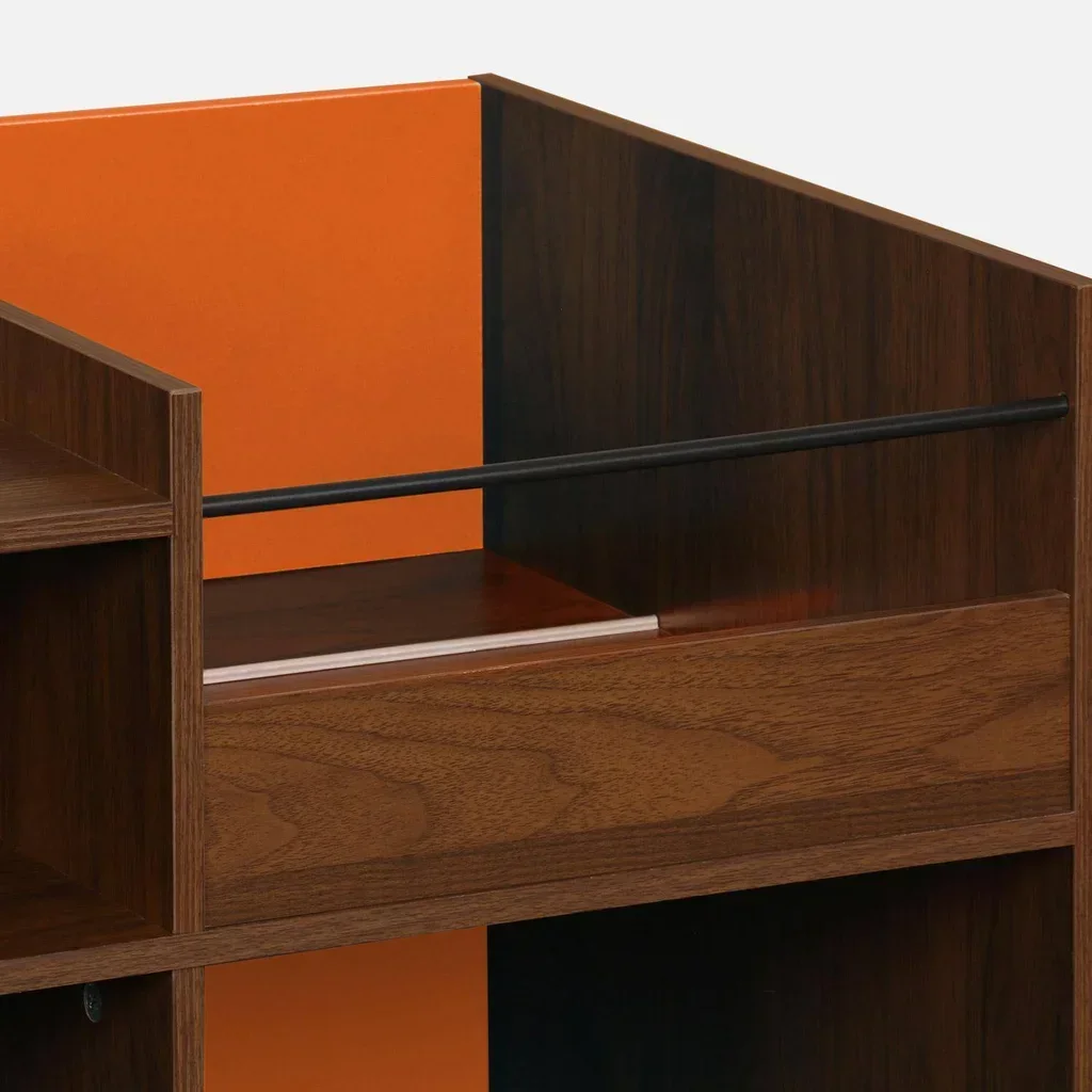 Meuble rangement vinyle vintage bois orange 130cm 8 casiers style rétro scandinave