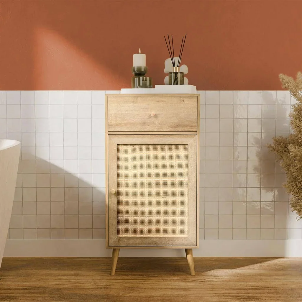 Meuble salle de bain bois cannage bohème vintage rangement