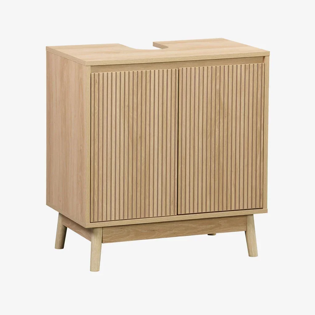 Meuble sous vasque scandinave bois Linear 2 portes striées