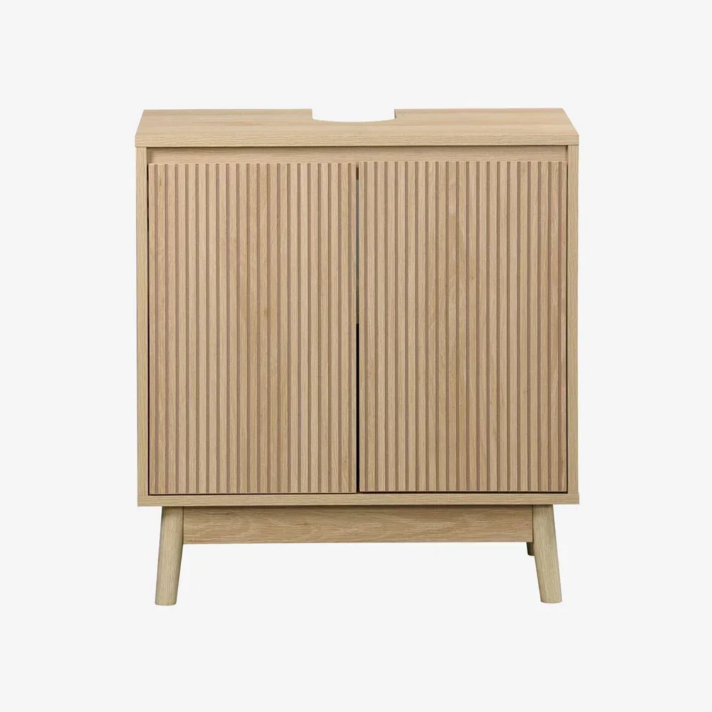 Meuble sous vasque scandinave bois Linear 2 portes striées