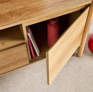 Meuble TV bois naturel 140 cm avec rangement 2 portes et tiroir