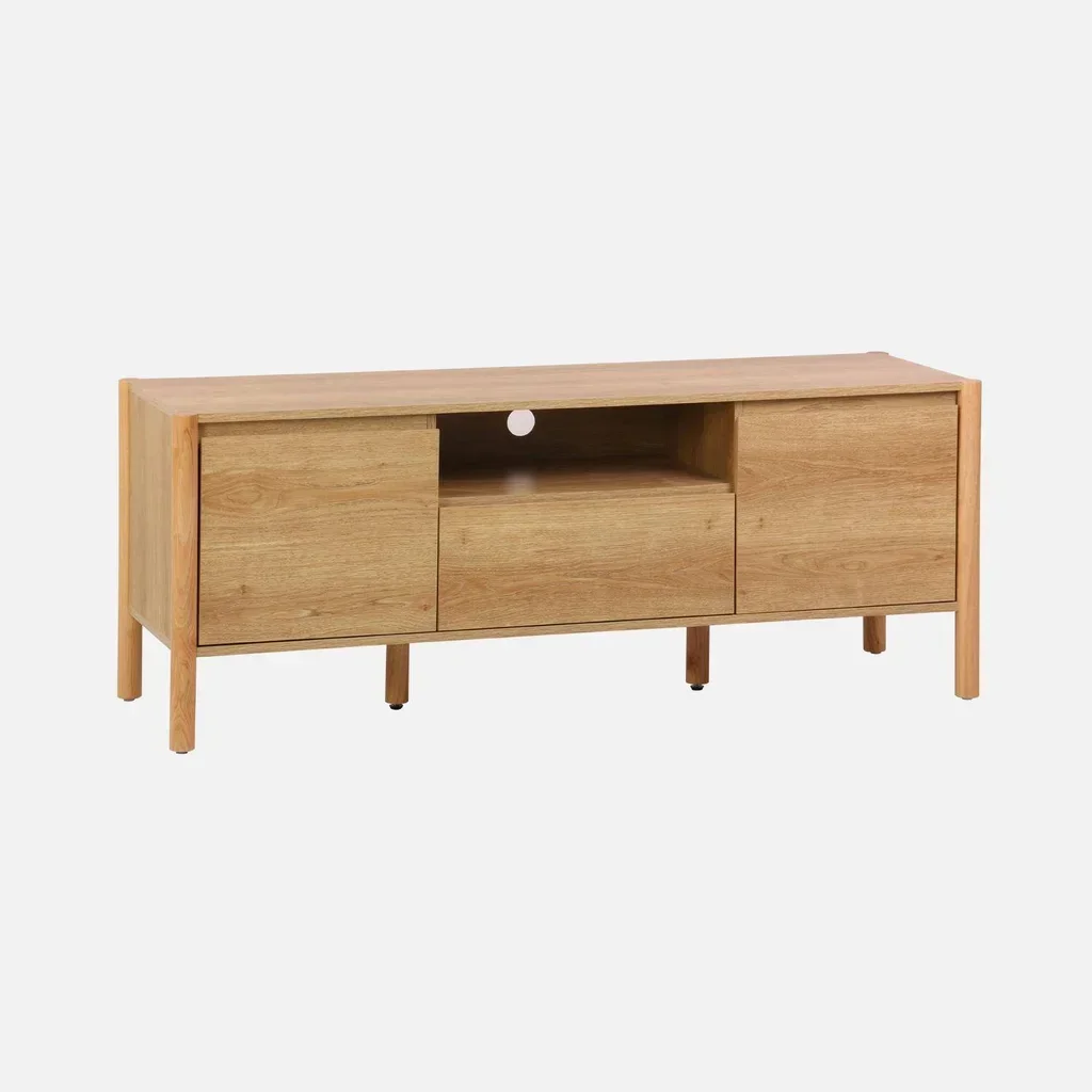 Meuble TV bois naturel 140 cm avec rangement 2 portes et tiroir