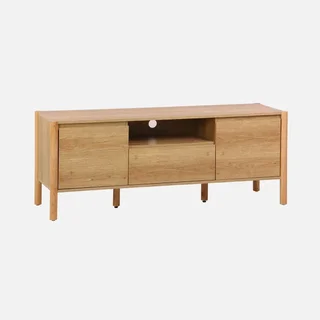 Meuble TV bois naturel 140 cm avec rangement 2 portes et tiroir