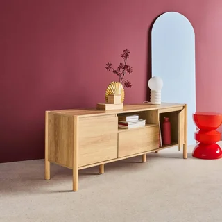 Meuble TV bois naturel 140 cm avec rangement 2 portes et tiroir