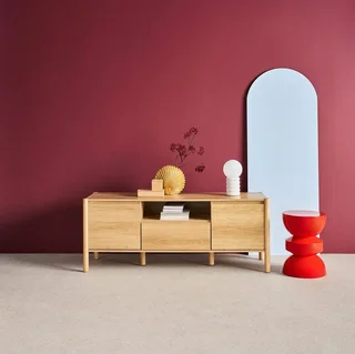 Meuble TV bois naturel 140 cm avec rangement 2 portes et tiroir