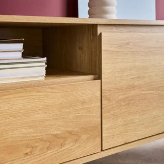 Meuble TV bois naturel 140 cm avec rangement 2 portes et tiroir