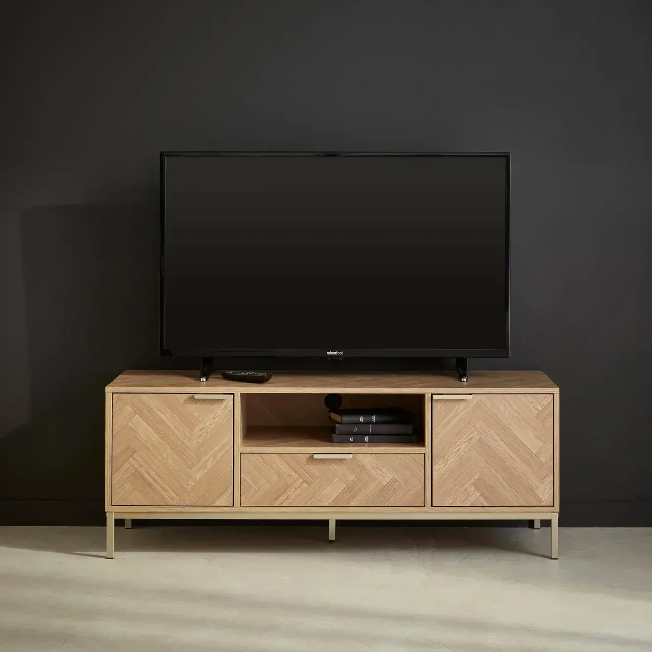 Mueble TV 120 cm Madera Diseño Espiga 2 Puertas 1 Cajón Budapest