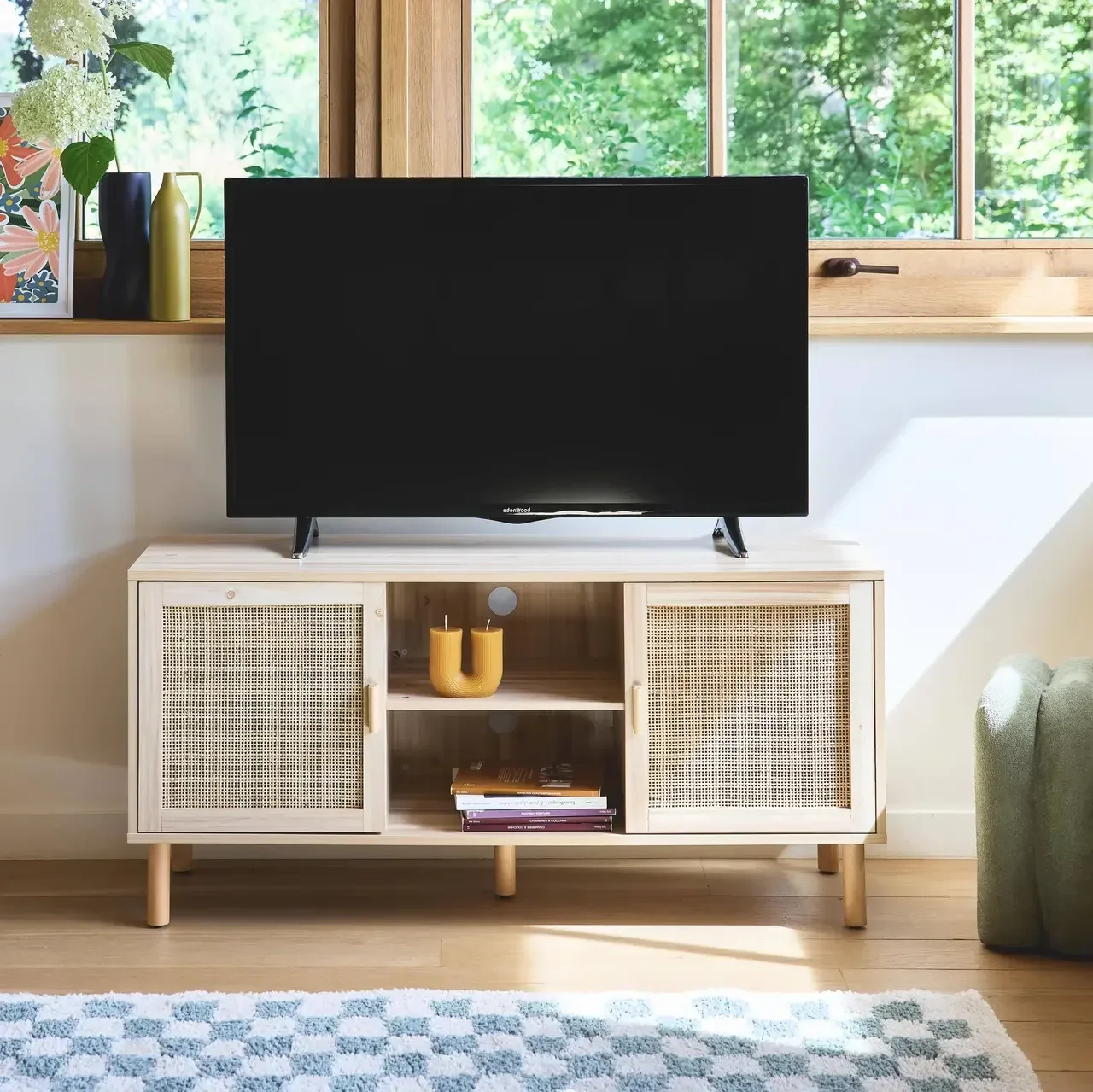 Mueble TV 120 cm Ratán Madera Vintage Camargue 2 Puertas Almacenamiento