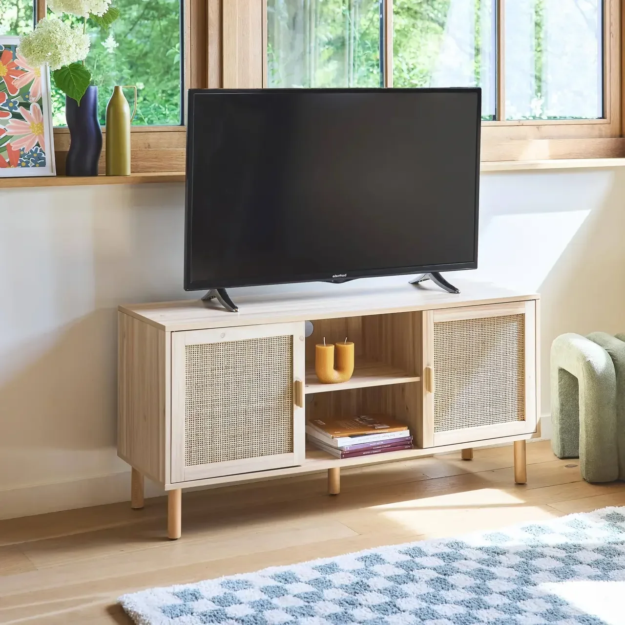 Mueble TV 120 cm Ratán Madera Vintage Camargue 2 Puertas Almacenamiento