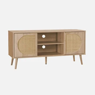 Meuble TV 120 cm cannage arrondi bois 2 portes design rétro moderne