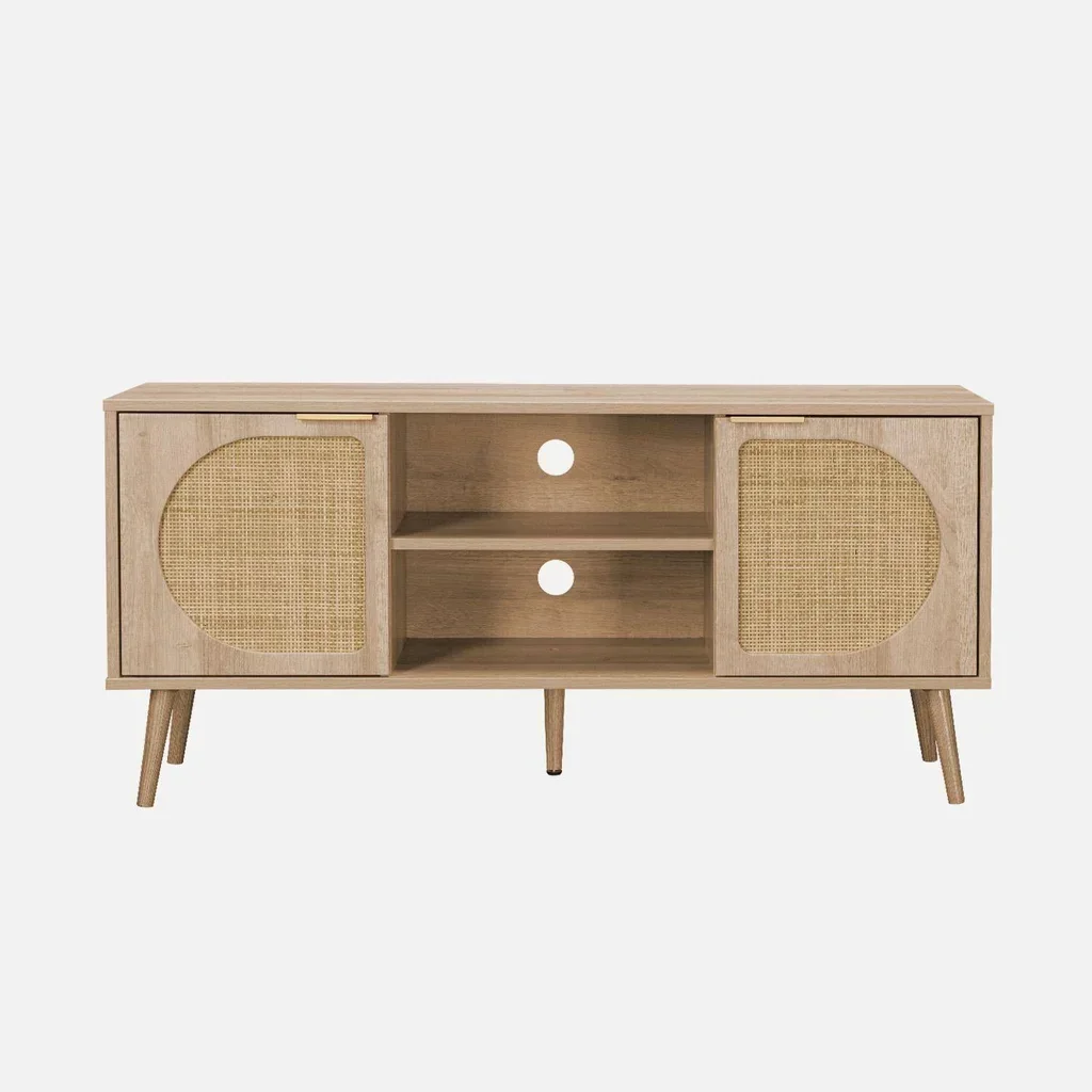 Meuble TV 120 cm cannage arrondi bois 2 portes design rétro moderne