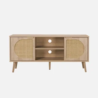 Meuble TV 120 cm cannage arrondi bois 2 portes design rétro moderne