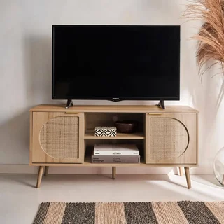 Meuble TV 120 cm cannage arrondi bois 2 portes design rétro moderne