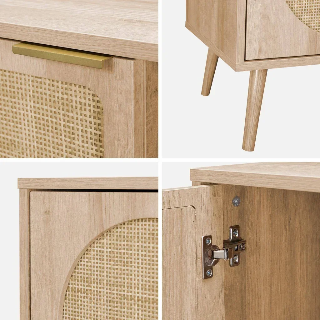 Meuble TV 120 cm cannage arrondi bois 2 portes design rétro moderne