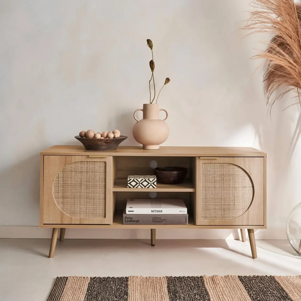 Mueble TV 120 cm Ratán Redondo Madera 2 Puertas Diseño Retro Moderno