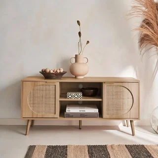Meuble TV 120 cm cannage arrondi bois 2 portes design rétro moderne