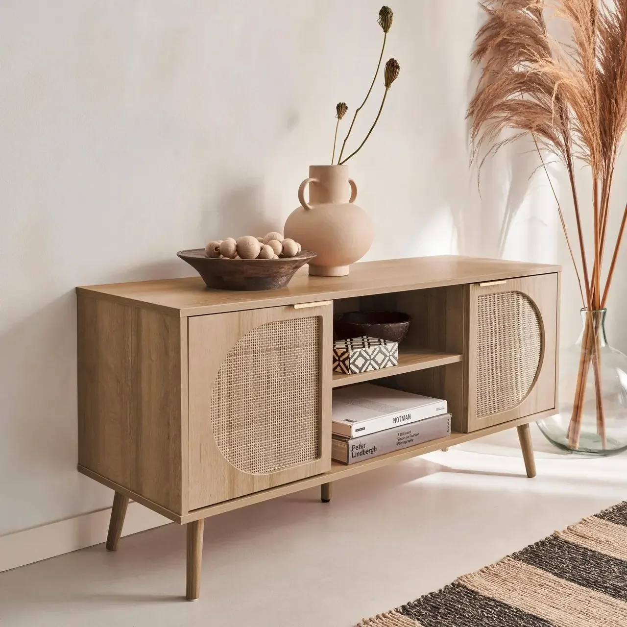 Meuble TV 120 cm cannage arrondi bois 2 portes design rétro moderne