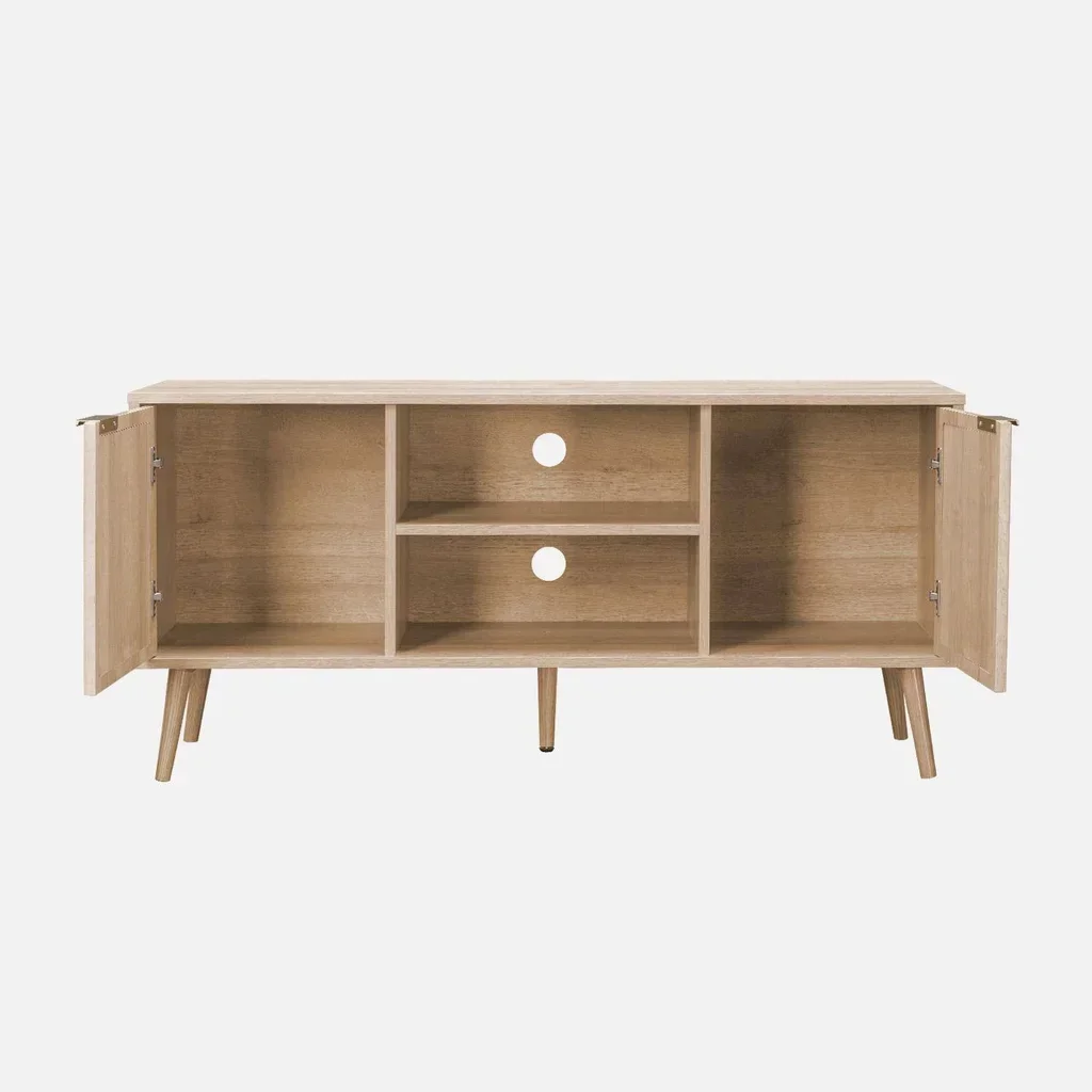 Meuble TV 120 cm cannage arrondi bois 2 portes design rétro moderne