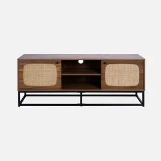 Mueble TV Vintage 140 cm Ratán Redondeado Madera Oscura 2 Puertas