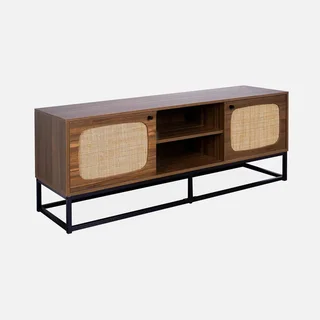 Mueble TV Vintage 140 cm Ratán Redondeado Madera Oscura 2 Puertas