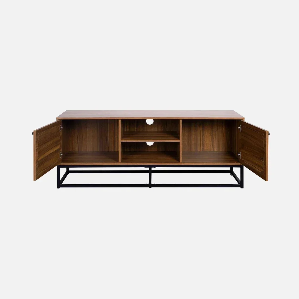 Mueble TV Vintage 140 cm Ratán Redondeado Madera Oscura 2 Puertas