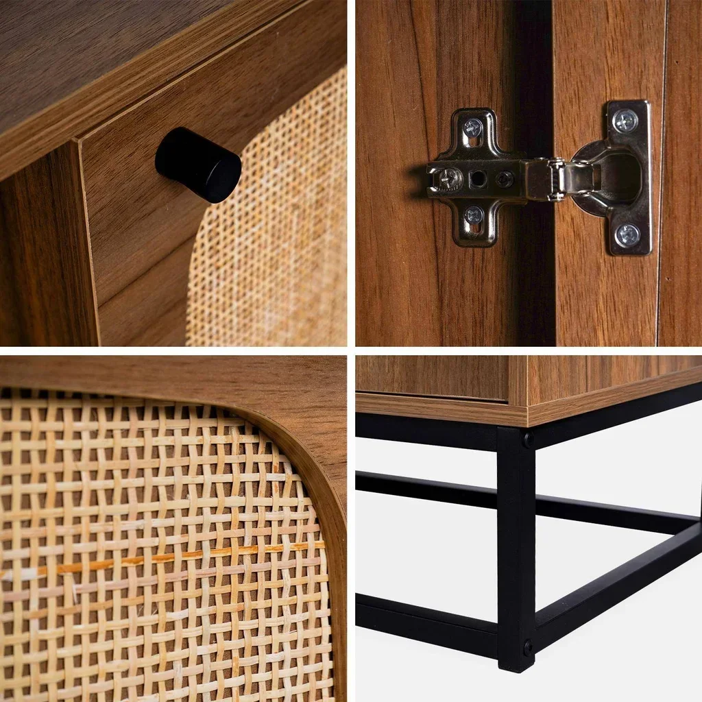 Mueble TV Vintage 140 cm Ratán Redondeado Madera Oscura 2 Puertas