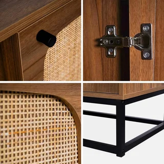 Mueble TV Vintage 140 cm Ratán Redondeado Madera Oscura 2 Puertas