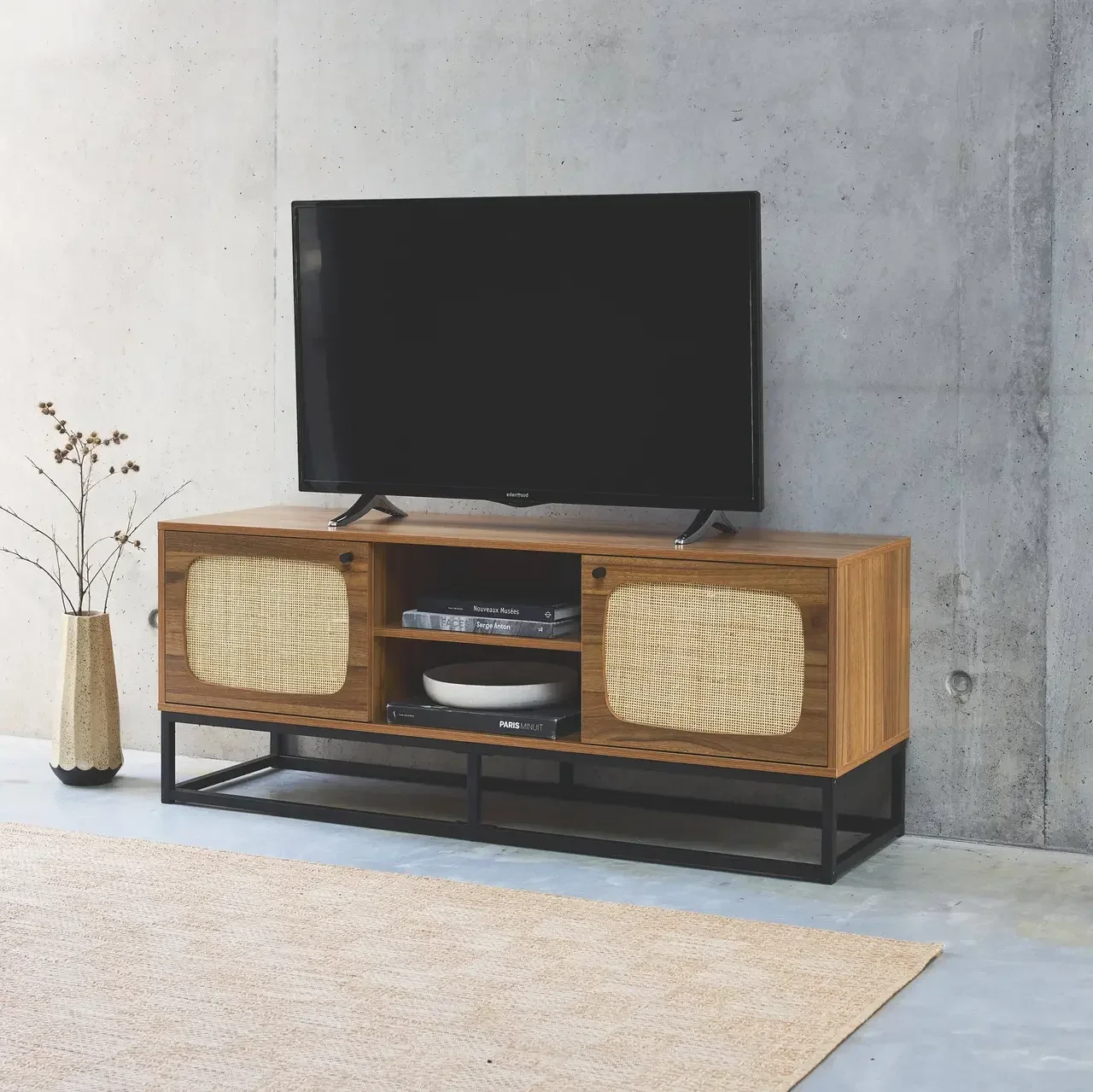 Mueble TV Vintage 140 cm Ratán Redondeado Madera Oscura 2 Puertas