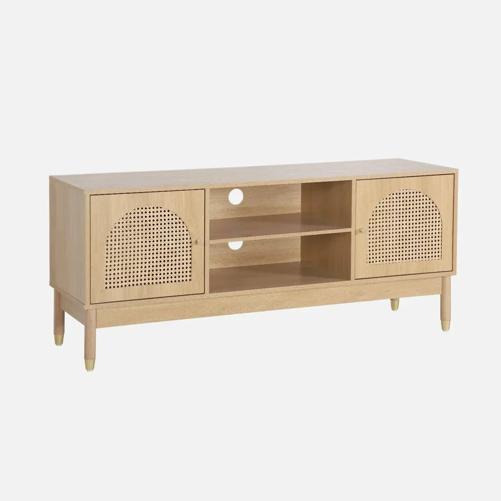 Mueble TV 140 cm Ratán Natural Efecto Madera 2 Puertas Estilo Boho Chic Judith