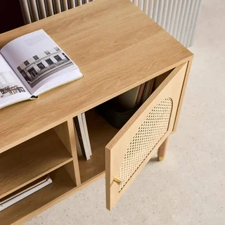 Mueble TV 140 cm Ratán Natural Efecto Madera 2 Puertas Estilo Boho Chic Judith
