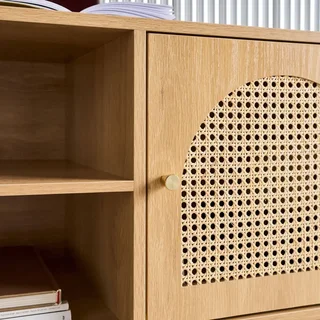 Mueble TV 140 cm Ratán Natural Efecto Madera 2 Puertas Estilo Boho Chic Judith