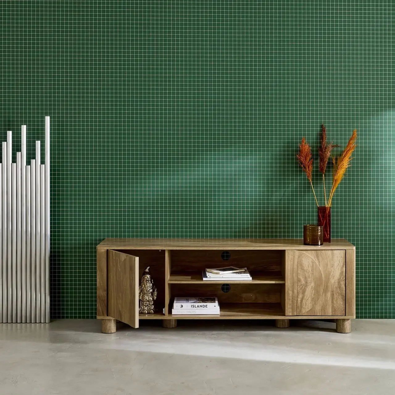 Mueble TV 155 cm 2 Puertas Reversibles Efecto Madera Mango Pondi