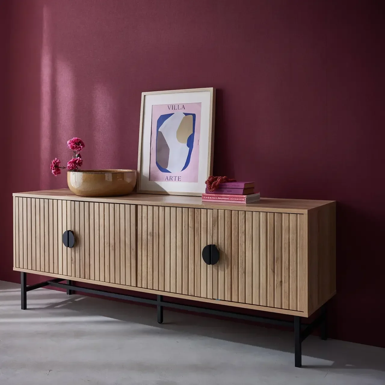 Mueble TV 4 puertas madera rayada Bazalt 157 cm