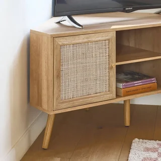 Mueble TV Rincón Madera y Ratán 115 cm Estilo Boho Natural 2 Puertas