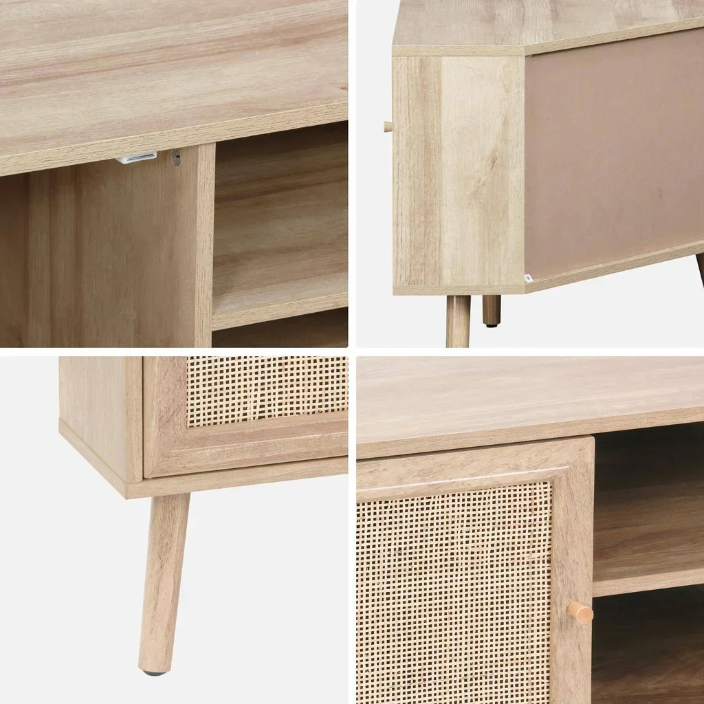 Mueble TV Rincón Madera y Ratán 115 cm Estilo Boho Natural 2 Puertas