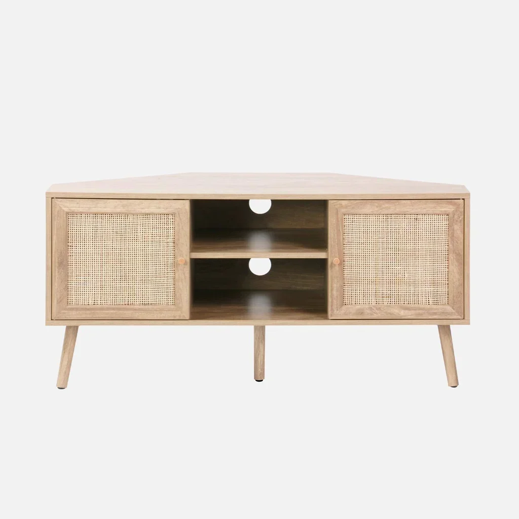 Mueble TV Rincón Madera y Ratán 115 cm Estilo Boho Natural 2 Puertas