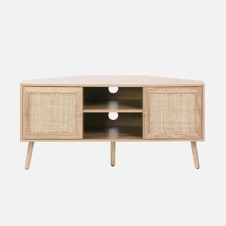 Mueble TV Rincón Madera y Ratán 115 cm Estilo Boho Natural 2 Puertas