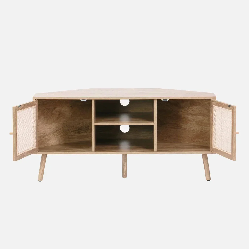 Mueble TV Rincón Madera y Ratán 115 cm Estilo Boho Natural 2 Puertas