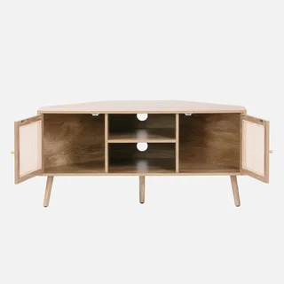 Mueble TV Rincón Madera y Ratán 115 cm Estilo Boho Natural 2 Puertas