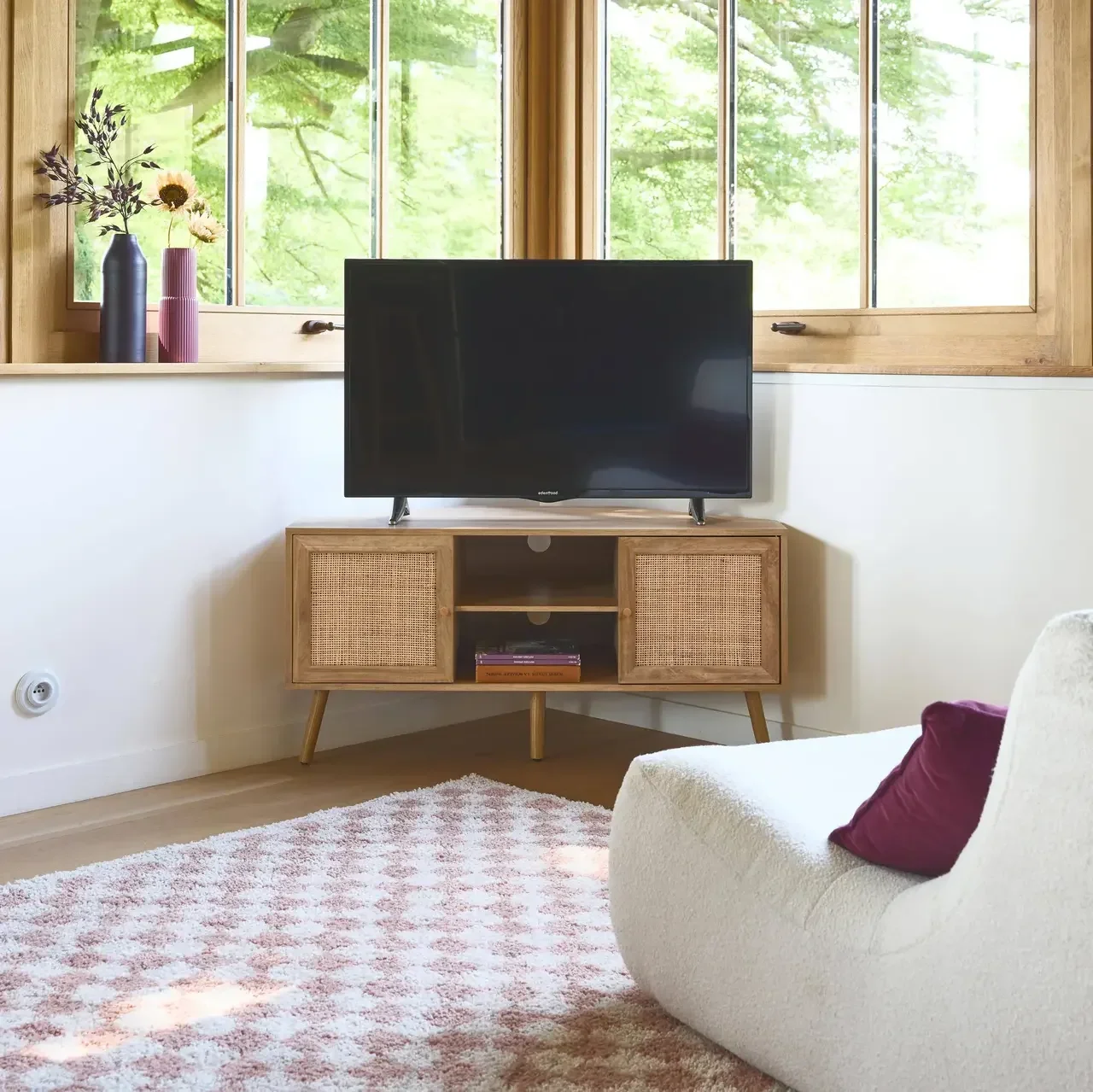 Mueble TV Rincón Madera y Ratán 115 cm Estilo Boho Natural 2 Puertas