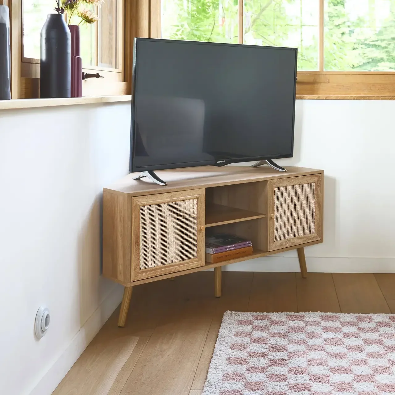 Mueble TV Rincón Madera y Ratán 115 cm Estilo Boho Natural 2 Puertas