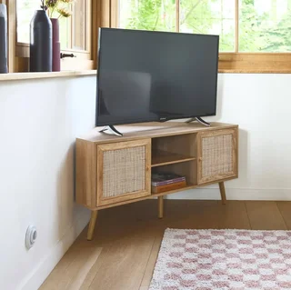 Mueble TV Rincón Madera y Ratán 115 cm Estilo Boho Natural 2 Puertas