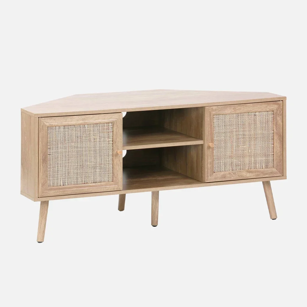 Mueble TV Rincón Madera y Ratán 115 cm Estilo Boho Natural 2 Puertas
