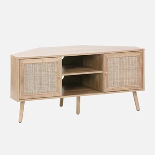 Mueble TV Rincón Madera y Ratán 115 cm Estilo Boho Natural 2 Puertas
