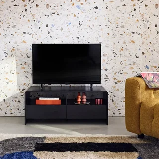 Round Wood TV Stand 2 Drawers 110 cm Black Modern Design