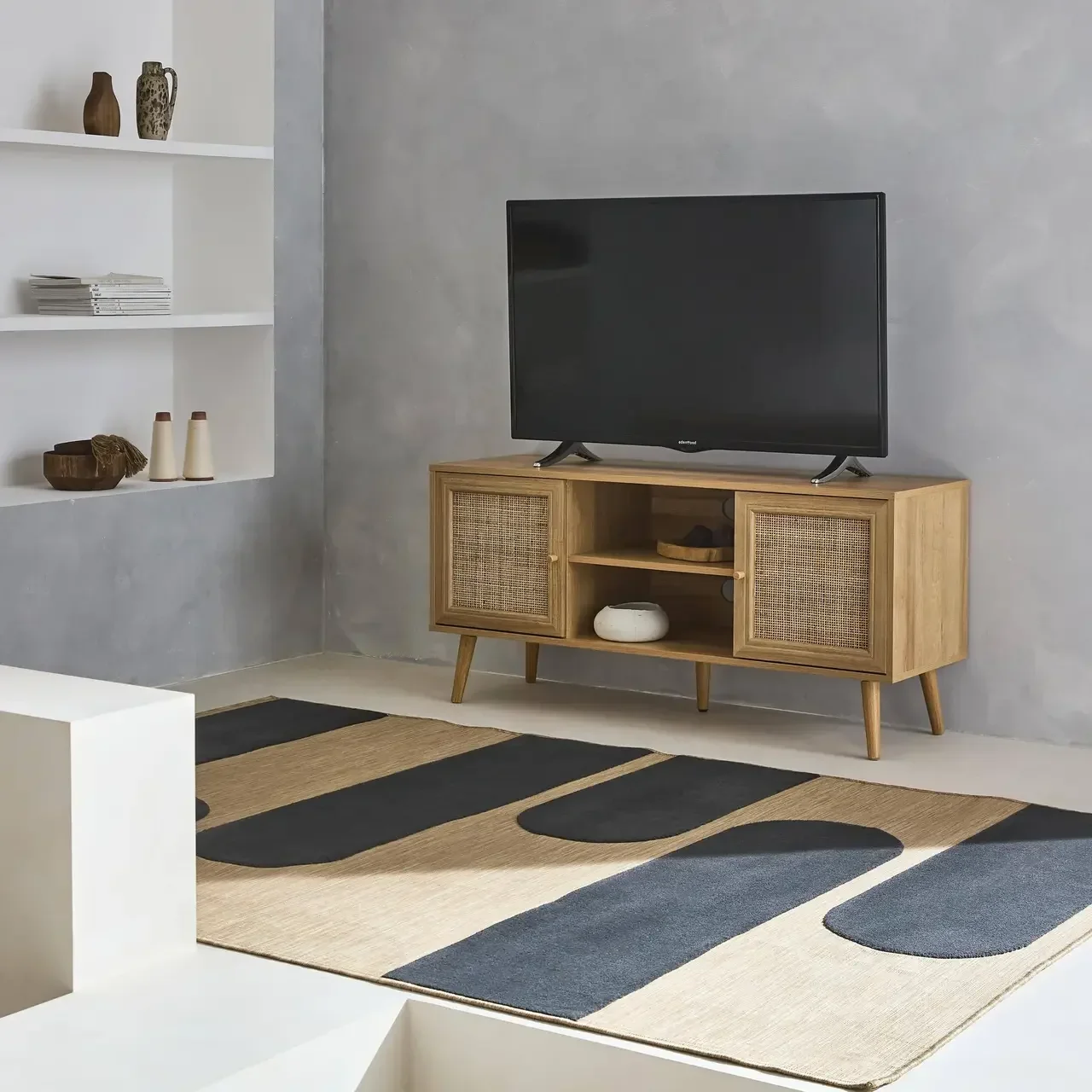 Mueble TV madera ratán 2 puertas estilo escandinavo vintage 120 cm