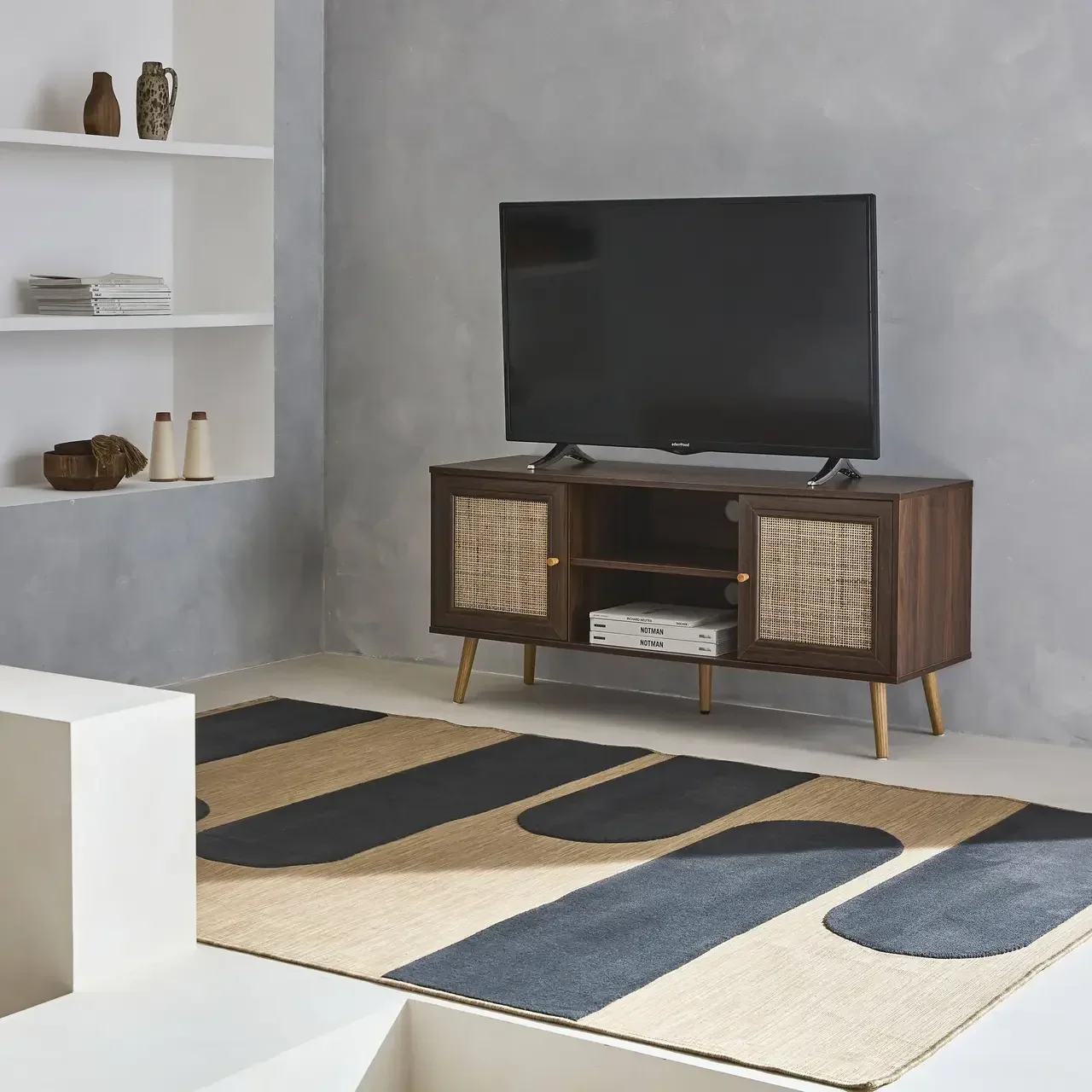Mobile TV Scandinavo Boho Legno Rattan 2 Ante 120 cm